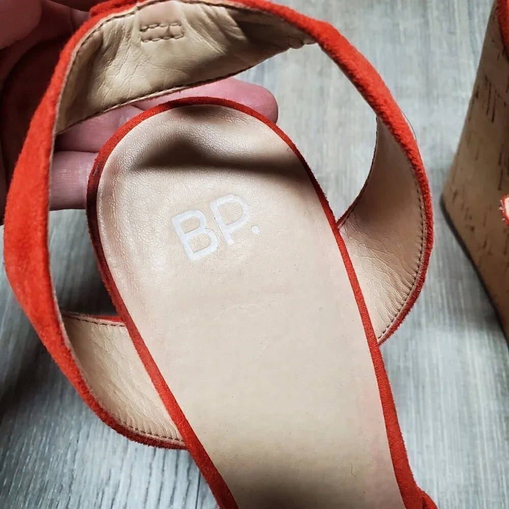 BP Women's Faux Suede Ankle Strap Orange Cork Wedge Heels Open Toe Shoes Sz 10M